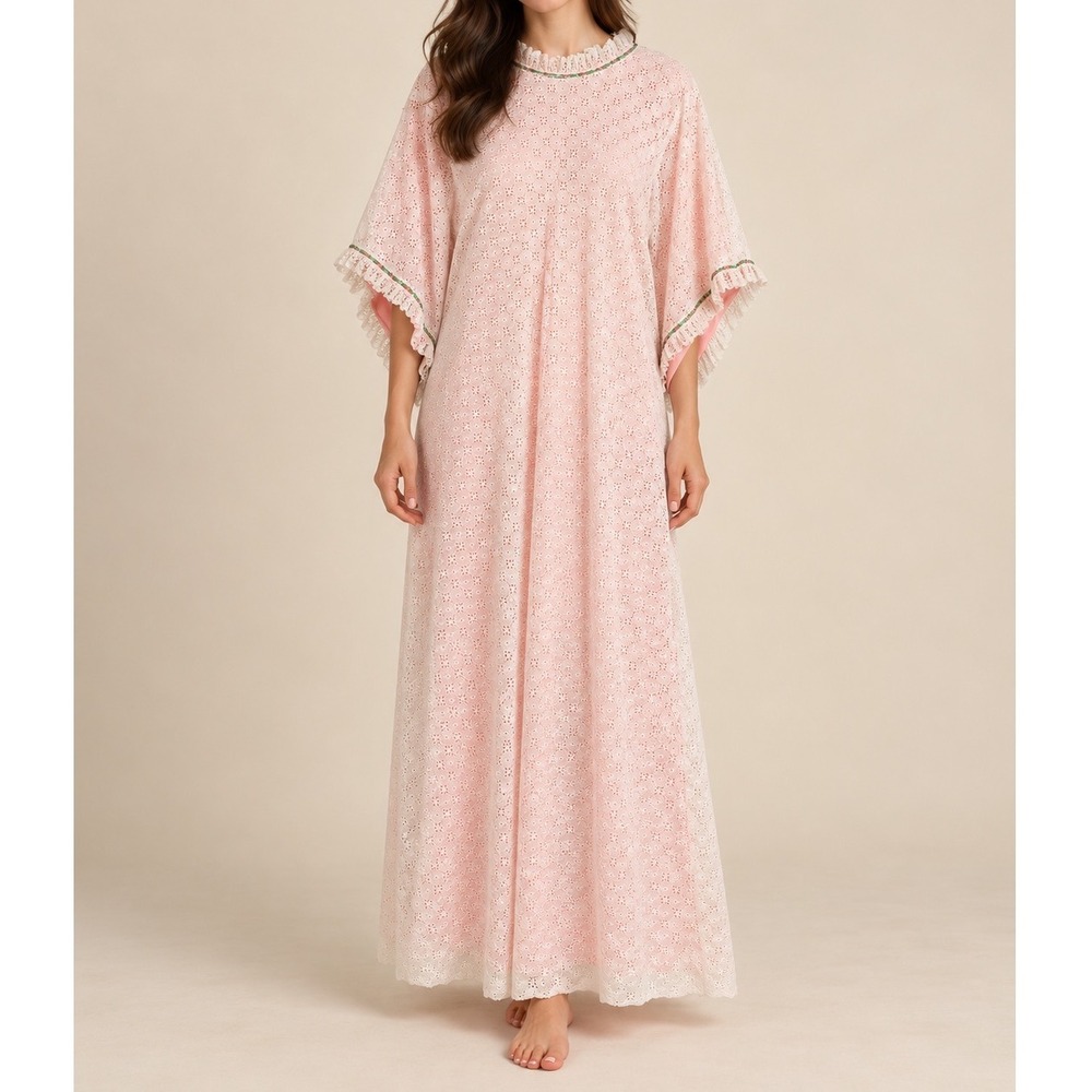 Vintage Rhapsody of California Pink Eyelet Lace Maxi Dress Angel Sleeve Gown g5